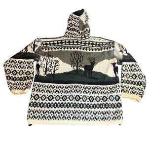 Vintage Ruminahui Wool Sweater Deer Stag Ecuador Hooded Cabin Grandpa 90s XL